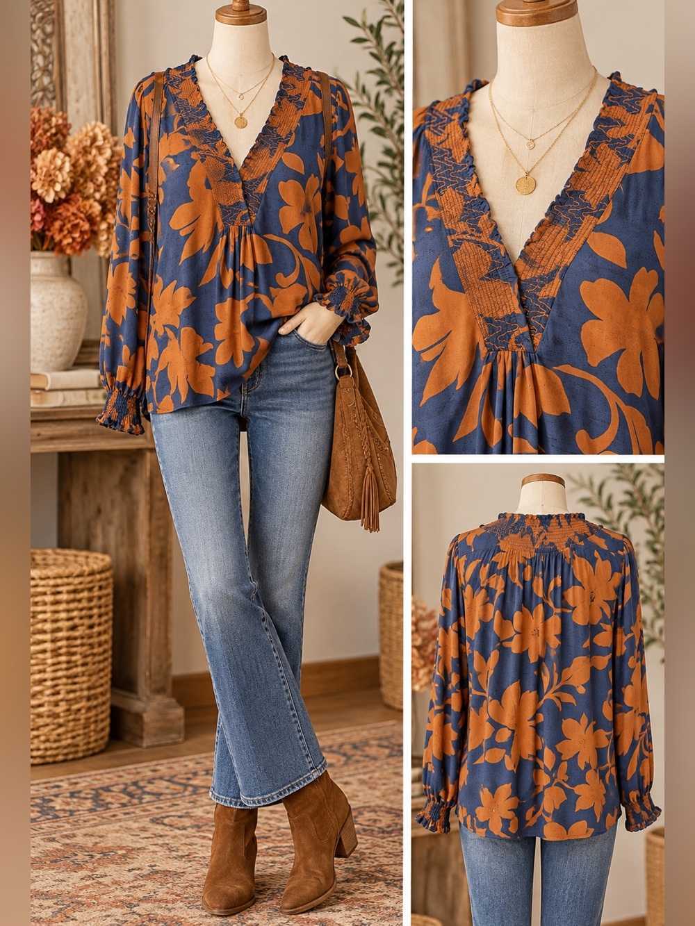 Easel Los Angeles 2X NWT Navy Rust Floral Rayon Challis Boho Smocked Blouse